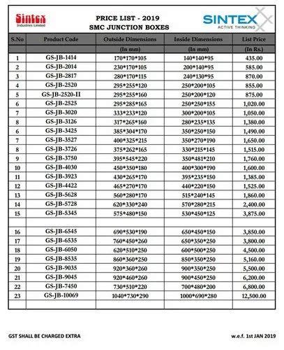 sintex box size list